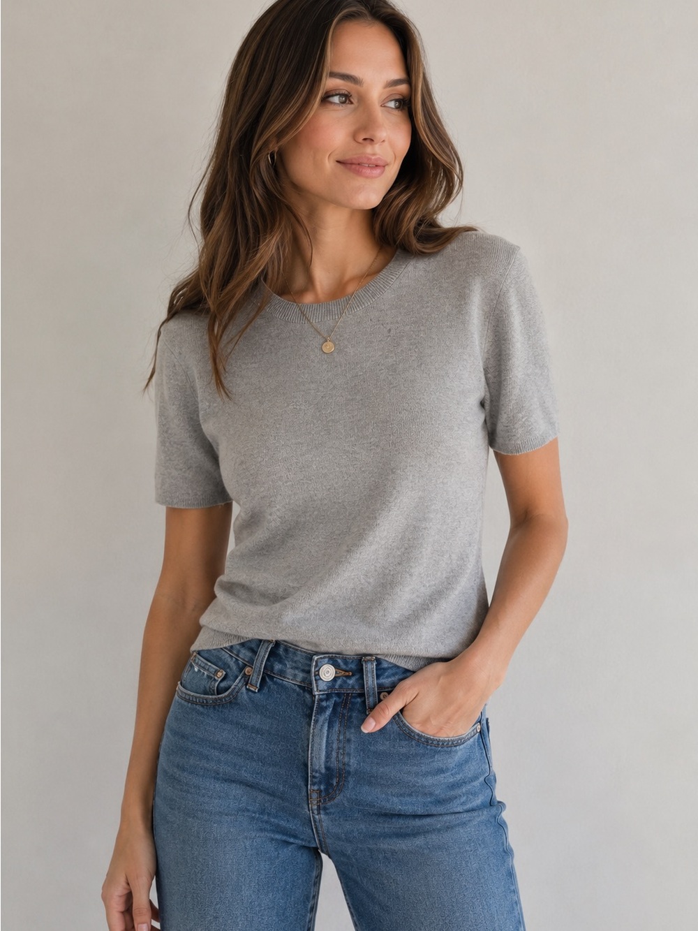 Quince Cotton Cashmere Sweater Tee XS Petite Fit Grey Lightweight Knit Top